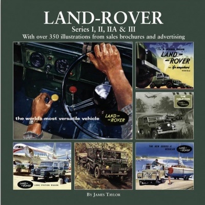 Capa de livro Land-Rover com imagens de veículos clássicos e texto descritivo