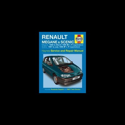 Capa do manual Haynes para Renault Megane & Scenic com um carro verde e texto azul