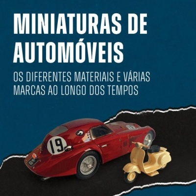 Capa de livro sobre miniaturas de automóveis com carro vermelho e mota amarela em fundo azul