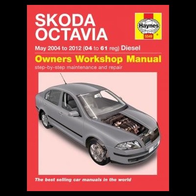 Capa do manual Haynes para SKODA OCTAVIA Diesel 2004-2012, carro cinzento com capô aberto na capa vermelha