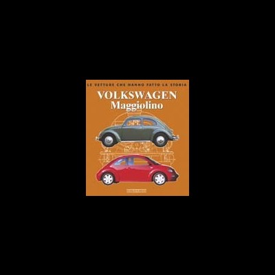 Capa de livro com dois carros Volkswagen Maggiolino, texto VOLKSWAGEN Maggiolino e fundo laranja