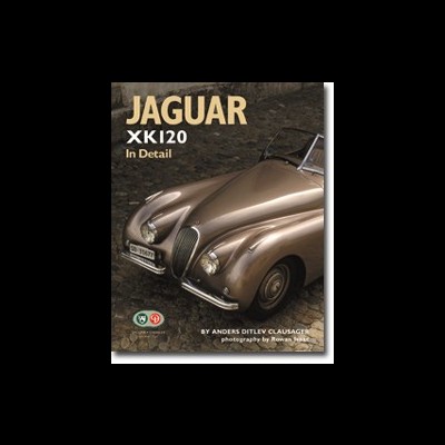 Capa de livro mostrando um carro Jaguar XK120 marrom metálico em detalhe