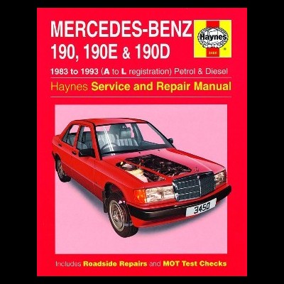 Capa de manual Haynes de serviço e reparação para Mercedes-Benz 190, 190E e 190D com carro vermelho