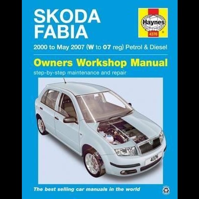 Manual de oficina para Skoda Fabia, capa azul com carro branco e motor visível