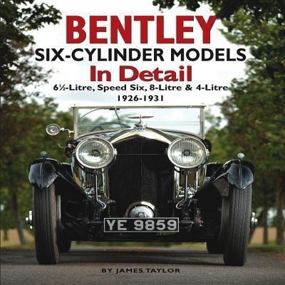Capa de livro com carro clássico Bentley preto visto de frente e texto sobre modelos Bentley de seis cilindros.
