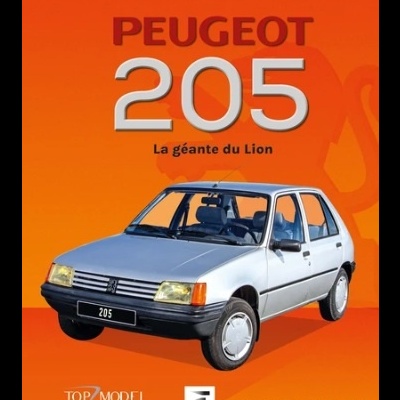 Cartaz publicitário de um carro Peugeot 205 branco com fundo laranja e texto promocional.