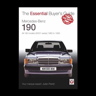 Capa de livro com imagem frontal de Mercedes-Benz 190 prateado e textos informativos