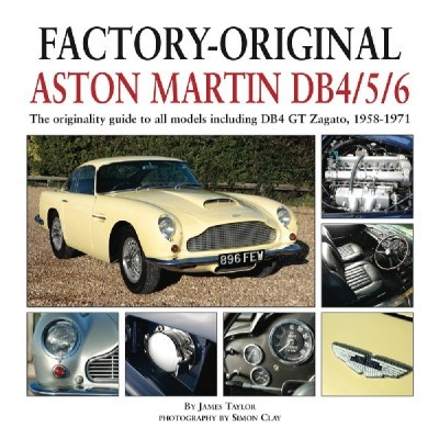 Capa de livro sobre Aston Martin DB4/5/6 com imagens do carro clássico e detalhes
