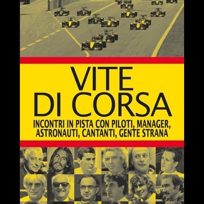 Capa de livro amarelo e vermelha com fotos de várias pessoas e texto em italiano