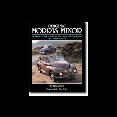 Capa do livro ORIGINAL MORRIS MINOR com duas imagens de carros Morris Minor, vermelho descapotável e cinzento, em estrada