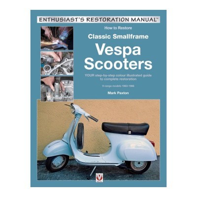 Capa do manual de restauração de scooters Vespa pequenas clássico, com imagens e texto