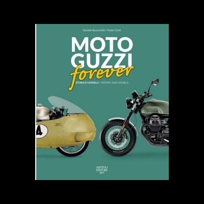 Capa de livro com título Moto Guzzi Forever e duas motos clássicas