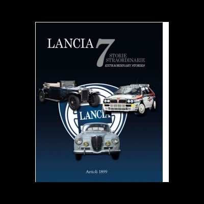 Livro sobre automóveis clássicos Lancia com três carros e texto de capa