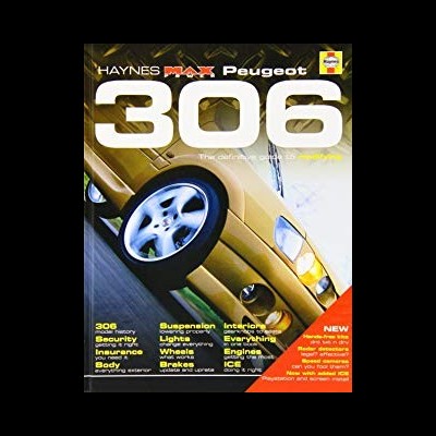 Capa manual Haynes Max Peugeot 306 com carro dourado e texto branco