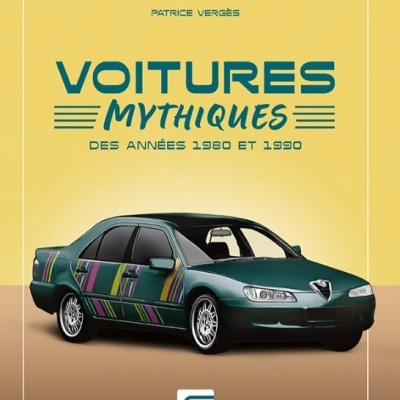 Capa de livro sobre carros míticos das décadas de 1980 e 1990 com imagem de carro sedan verde