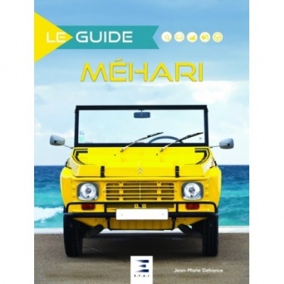 Livro 'LE GUIDE MÉHARI' com imagem de carro amarelo Mehari em estrada junto ao mar