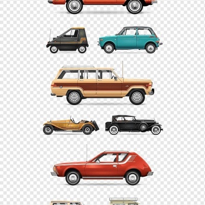 Ilustrações de 12 carros vintage coloridos em fundo transparente