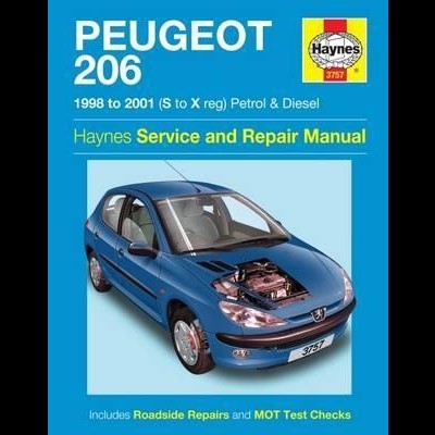 Capa do manual Haynes para Peugeot 206 mostrando carro azul com capô aberto e texto em branco e amarelo.