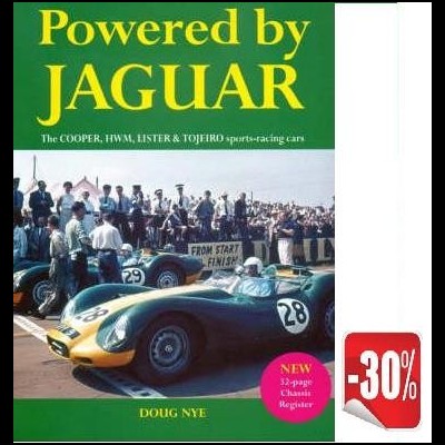 Capa do livro Powered by Jaguar com carros de corrida clássicos e desconto de 30%.