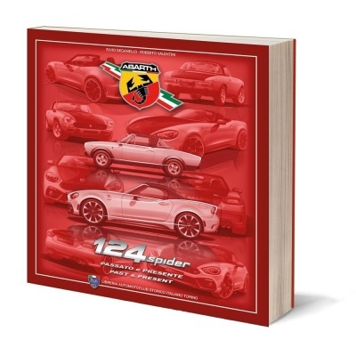 Livro vermelho sobre carros Abarth 124 Spider com texto e logotipo na capa
