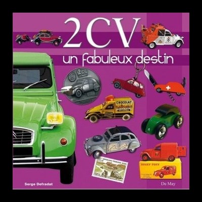 Miniaturas de carros Citroën 2CV de várias cores e uma moeda com relevo, sobre fundo roxo com texto