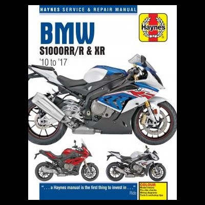 Capa de manual Haynes para motos BMW S1000RR e XR com imagens de motos em várias cores