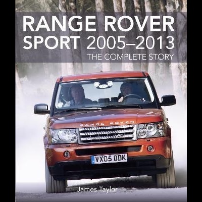 Capa de livro com Land Rover Range Rover Sport vermelho em estrada de terra e texto informativo.