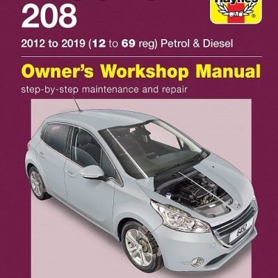 Capa do manual do proprietário Peugeot 208 com imagem de carro cinza e texto em roxo, branco e amarelo.