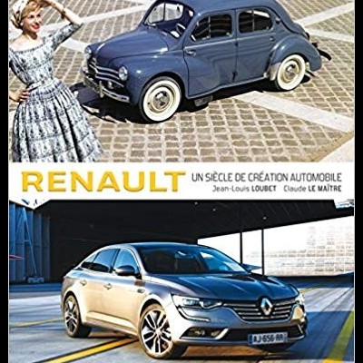 Imagem com dois carros Renault, um clássico azul e outro moderno prateado, com texto sobre a marca e autores.