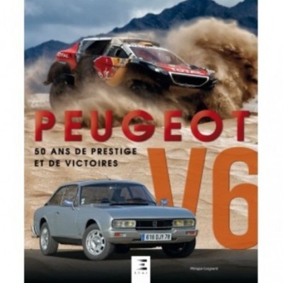 Capa de livro Peugeot V6 com carros de rali e clássico