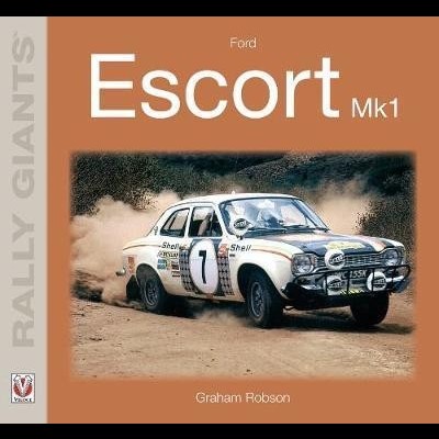 Livro com foto de carro de rali Ford Escort Mk1 branco e texto RALLY GIANTS