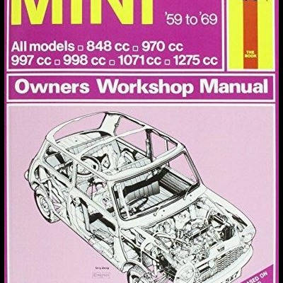 Capa de manual de oficina MINI '59 a '69 com desenho esquemático do carro e texto amarelo e branco em fundo roxo