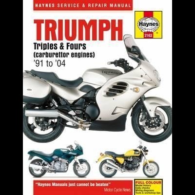 Capa de manual Haynes com motos Triumph e texto informativo
