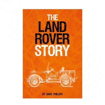 Capa de livro laranja com título THE LAND ROVER STORY e desenho de carro antigo