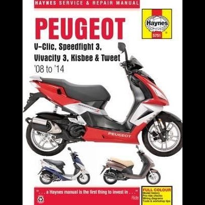 Capa do manual Haynes para motas Peugeot com motos vermelha, preta e branca