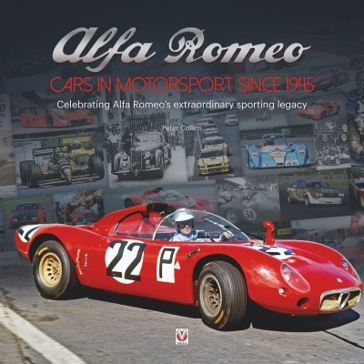 Capa de livro com carro de corrida Alfa Romeo vermelho e fundo com fotos em tons cinza