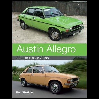 Dois carros Austin Allegro em verde e bege com texto promocional