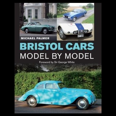 Capa do livro 'Bristol Cars Model by Model' com fotos de carros clássicos azuis