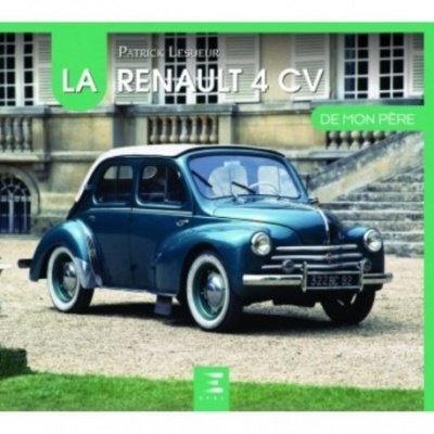 Livro com imagem de um carro antigo Renault 4 CV azul escuro e título em verde e branco