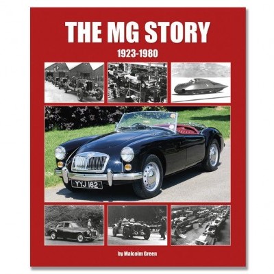 Capa do livro THE MG STORY com fotos de carros clássicos MG em preto, branco e cor.