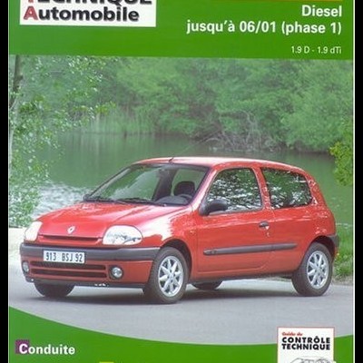Capa de livro técnico automóvel verde com carro Renault Clio II vermelho em estrada, texto em francês e detalhes do veículo e manutenção.
