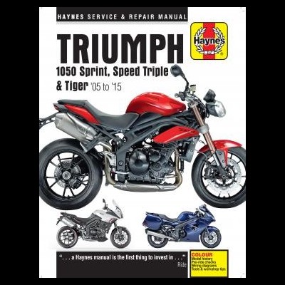Capa de manual Haynes com motos Triumph em vermelho, cinza e azul.