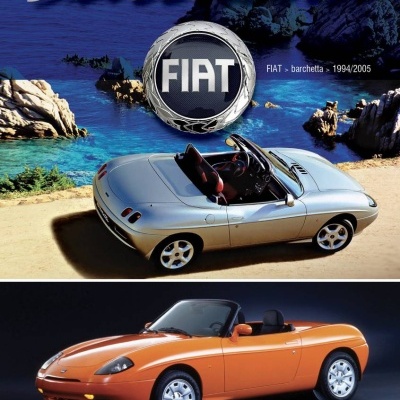 Capa de livro com Fiat Barchetta prateado e laranja e texto relacionado.