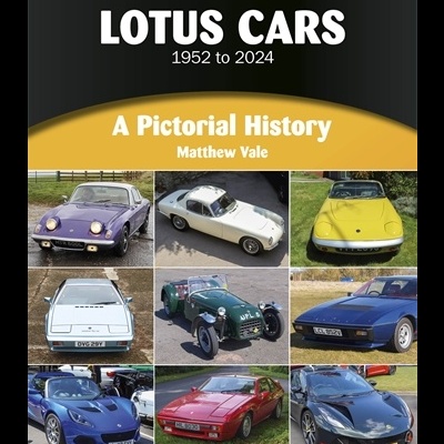 Capa de livro com fotos de carros Lotus e título em preto, branco e amarelo.
