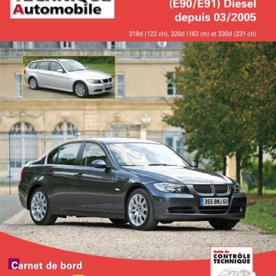 Revista técnica automóvel com imagens de BMW Série 3 cinzento e branco e texto em francês