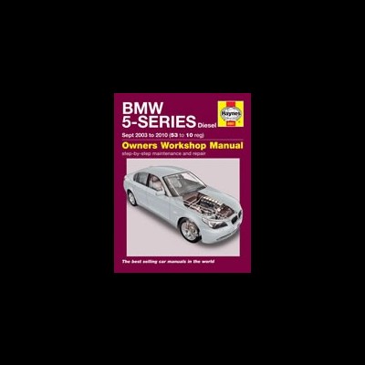 Capa de manual BMW 5-Series Diesel em fundo roxo com texto amarelo e branco e imagem do carro com motor exposto