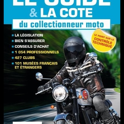 Capa de guia para colecionadores de motos, com motociclista em moto preta e texto em francês