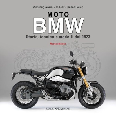 Capa de livro com motocicleta BMW preta e branca sobre fundo cinza com texto em italiano.