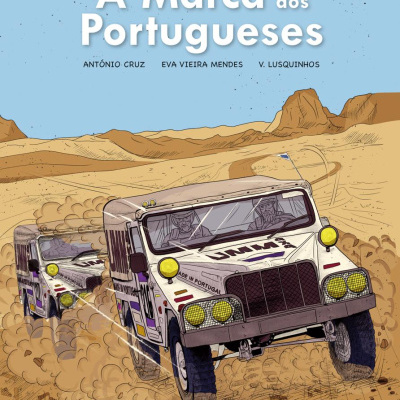 Capa de banda desenhada com carros de rali a correr num deserto
