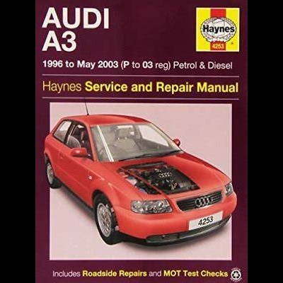 Capa do manual Haynes para Audi A3 com imagem do carro vermelho e texto sobre o modelo e datas
